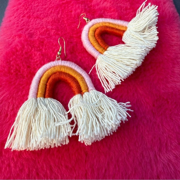 Colorful Macrame Handmade Rainbow Fringe Earrings - Picture 4 of 11